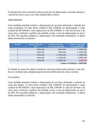 O método das cotas constantes utiliza-se de taxa de depreciação constante durante a
vida útil do ativo, caso o seu valor residual não se altere.

CASO PRÁTICO:

Uma entidade pretende realizar a depreciação de um bem utilizando o método das
cotas constantes. O valor bruto contábil é R$ 2.600,00; foi determinado o valor
residual de R$ 600,00 e valor depreciável de R$ 2.000,00. A vida útil do bem é de
cinco anos, conforme a política da entidade, assim, a taxa de depreciação ao ano é
de 20%. Por questões didáticas a depreciação será calculada anualmente. A tabela
abaixo demonstra os cálculos:

      ANO             Depreciação          Depreciação           Valor Líquido
                          R$              Acumulada R$            Contábil R$
         1                     400,00                 400,00              2.200,00
         2                     400,00                 800,00              1.800,00
         3                     400,00               1.200,00              1.400,00
         4                     400,00               1.600,00              1.000,00
         5                     400,00               2.000,00                600,00
                                                        Valor residual = 600,00


O método da soma dos dígitos resulta em uma taxa decrescente durante a vida útil.
Esse é o método mais adequado para itens do imobilizado tais como veículos.

Caso prático:

Uma entidade pretende realizar a depreciação de um bem utilizando o método da
soma dos dígitos. O valor bruto contábil é R$ 2.600,00; foi determinado o valor
residual de R$ 600,00 e valor depreciável de R$ 2.000,00. A vida útil do bem é de
cinco anos, conforme a política da entidade, assim, a taxa de depreciação ao ano é
de 20%. Por questões didáticas, a depreciação será calculada anualmente. A tabela
abaixo demonstra os cálculos:




                                                                               103
 
