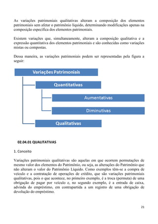 As variações patrimoniais qualitativas alteram a composição dos elementos
patrimoniais sem afetar o patrimônio líquido, determinando modificações apenas na
composição específica dos elementos patrimoniais.

Existem variações que, simultaneamente, alteram a composição qualitativa e a
expressão quantitativa dos elementos patrimoniais e são conhecidas como variações
mistas ou compostas.

Dessa maneira, as variações patrimoniais podem ser representadas pela figura a
seguir:




  02.04.01 QUALITATIVAS

1. Conceito

Variações patrimoniais qualitativas são aquelas em que ocorrem permutações de
mesmo valor dos elementos do Patrimônio, ou seja, as alterações do Patrimônio que
não alteram o valor do Patrimônio Líquido. Como exemplos têm-se a compra de
veículo e a contratação de operações de crédito, que são variações patrimoniais
qualitativas, pois o que acontece, no primeiro exemplo, é a troca (permuta) de uma
obrigação de pagar por veículo e, no segundo exemplo, é a entrada de caixa,
advinda do empréstimo, em contrapartida a um registro de uma obrigação de
devolução do empréstimo.


                                                                               21
 