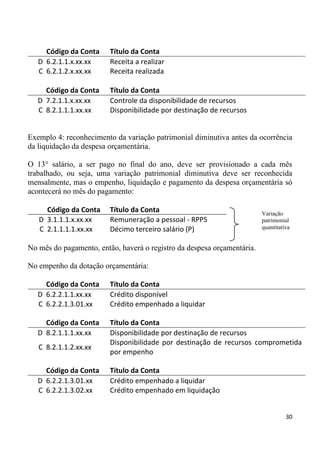Código da Conta     Título da Conta
   D 6.2.1.1.x.xx.xx     Receita a realizar
   C 6.2.1.2.x.xx.xx     Receita realizada

     Código da Conta     Título da Conta
   D 7.2.1.1.x.xx.xx     Controle da disponibilidade de recursos
   C 8.2.1.1.1.xx.xx     Disponibilidade por destinação de recursos


Exemplo 4: reconhecimento da variação patrimonial diminutiva antes da ocorrência
da liquidação da despesa orçamentária.

O 13° salário, a ser pago no final do ano, deve ser provisionado a cada mês
trabalhado, ou seja, uma variação patrimonial diminutiva deve ser reconhecida
mensalmente, mas o empenho, liquidação e pagamento da despesa orçamentária só
acontecerá no mês do pagamento:

     Código da Conta     Título da Conta                                 Variação
   D 3.1.1.1.x.xx.xx     Remuneração a pessoal - RPPS                    patrimonial
   C 2.1.1.1.1.xx.xx     Décimo terceiro salário (P)                     quantitativa


No mês do pagamento, então, haverá o registro da despesa orçamentária.

No empenho da dotação orçamentária:

     Código da Conta     Título da Conta
   D 6.2.2.1.1.xx.xx     Crédito disponível
   C 6.2.2.1.3.01.xx     Crédito empenhado a liquidar

     Código da Conta     Título da Conta
   D 8.2.1.1.1.xx.xx     Disponibilidade por destinação de recursos
                         Disponibilidade por destinação de recursos comprometida
   C 8.2.1.1.2.xx.xx
                         por empenho

     Código da Conta     Título da Conta
   D 6.2.2.1.3.01.xx     Crédito empenhado a liquidar
   C 6.2.2.1.3.02.xx     Crédito empenhado em liquidação


                                                                                   30
 