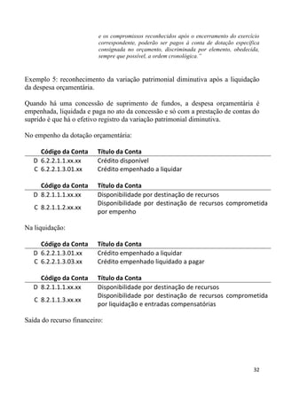 e os compromissos reconhecidos após o encerramento do exercício
                          correspondente, poderão ser pagos à conta de dotação específica
                          consignada no orçamento, discriminada por elemento, obedecida,
                          sempre que possível, a ordem cronológica.”



Exemplo 5: reconhecimento da variação patrimonial diminutiva após a liquidação
da despesa orçamentária.

Quando há uma concessão de suprimento de fundos, a despesa orçamentária é
empenhada, liquidada e paga no ato da concessão e só com a prestação de contas do
suprido é que há o efetivo registro da variação patrimonial diminutiva.

No empenho da dotação orçamentária:

     Código da Conta      Título da Conta
   D 6.2.2.1.1.xx.xx      Crédito disponível
   C 6.2.2.1.3.01.xx      Crédito empenhado a liquidar

     Código da Conta      Título da Conta
   D 8.2.1.1.1.xx.xx      Disponibilidade por destinação de recursos
                          Disponibilidade por destinação de recursos comprometida
   C 8.2.1.1.2.xx.xx
                          por empenho

Na liquidação:

     Código da Conta      Título da Conta
   D 6.2.2.1.3.01.xx      Crédito empenhado a liquidar
   C 6.2.2.1.3.03.xx      Crédito empenhado liquidado a pagar

     Código da Conta      Título da Conta
   D 8.2.1.1.1.xx.xx      Disponibilidade por destinação de recursos
                          Disponibilidade por destinação de recursos comprometida
   C 8.2.1.1.3.xx.xx
                          por liquidação e entradas compensatórias

Saída do recurso financeiro:




                                                                                      32
 