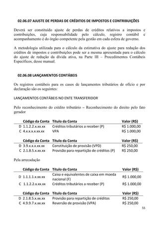 02.06.07 AJUSTE DE PERDAS DE CRÉDITOS DE IMPOSTOS E CONTRIBUIÇÕES

Deverá ser constituído ajuste de perdas de créditos relativos a impostos e
contribuições, cuja responsabilidade pelo cálculo, registro contábil e
acompanhamento é do órgão competente pela gestão em cada esfera de governo.

A metodologia utilizada para o cálculo da estimativa do ajuste para redução dos
créditos de impostos e contribuições pode ser a mesma apresentada para o cálculo
do ajuste de redução da dívida ativa, na Parte III – Procedimentos Contábeis
Específicos, desse manual.


  02.06.08 LANÇAMENTOS CONTÁBEIS

Os registros contábeis para os casos de lançamentos tributários de ofício e por
declaração são os seguintes:

LANÇAMENTOS CONTÁBEIS NO ENTE TRANSFERIDOR

Pelo reconhecimento do crédito tributário – Reconhecimento do direito pelo fato
gerador

     Código da Conta Título da Conta                             Valor (R$)
   D 1.1.2.2.x.xx.xx Créditos tributários a receber (P)          R$ 1.000,00
   C 4.x.x.x.x.xx.xx VPA                                         R$ 1.000,00

     Código da Conta Título da Conta                             Valor (R$)
   D 3.9.x.x.x.xx.xx Constituição de provisão (VPD)              R$ 250,00
   C 2.1.8.5.x.xx.xx Provisão para repartição de créditos (P)    R$ 250,00

Pela arrecadação

    Código da Conta Título da Conta                               Valor (R$)
                    Caixa e equivalentes de caixa em moeda
  D 1.1.1.1.x.xx.xx                                               R$ 1.000,00
                    nacional (F)
  C 1.1.2.2.x.xx.xx Créditos tributários a receber (P)            R$ 1.000,00

    Código da Conta Título da Conta                               Valor (R$)
  D 2.1.8.5.x.xx.xx Provisão para repartição de créditos          R$ 250,00
  C 4.9.9.7.x.xx.xx Reversão de provisão (VPA)                    R$ 250,00
                                                                                55
 