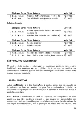 Código da Conta Título da Conta                              Valor (R$)
   D 1.1.2.5.x.xx.xx Créditos de transferências a receber (P)     R$ 250,00
   C 4.5.2.x.x.xx.xx Transferências inter governamentais          R$ 250,00

Pela transferência

     Código da Conta Título da Conta                              Valor (R$)
                     Caixa e equivalentes de caixa em moeda
   D 1.1.1.1.x.xx.xx                                              R$ 250,00
                     nacional (F)
   C 1.1.2.2.x.xx.xx Créditos de transferências a receber (P)     R$ 250,00

     Código da Conta Título da Conta                              Valor (R$)
   D 6.2.1.1.x.xx.xx Receita a realizar                           R$ 250,00
   C 6.2.1.2.x.xx.xx Receita realizada                            R$ 250,00

     Código da Conta Título da Conta                            Valor (R$)
   D 7.2.1.1.x.xx.xx Controle da disponibilidade de recursos    R$ 250,00
   C 8.2.1.1.1.xx.xx Disponibilidade por destinação de recursos R$ 250,00

02.07.00 ATIVO IMOBILIZADO

O objetivo deste capítulo é estabelecer os tratamentos contábeis para o ativo
imobilizado das entidades do setor público, de forma que os usuários das
demonstrações contábeis possam analisar informações consistentes acerca deste
item do ativo não circulante.


  02.07.01 CONCEITOS

Ativo Imobilizado - é o item tangível que é mantido para o uso na produção ou
fornecimento de bens ou serviços, ou para fins administrativos, inclusive os
decorrentes de operações que transfiram para a entidade os benefícios, riscos e
controle desses bens.

Bens Móveis - compreende o valor da aquisição ou incorporação de bens
corpóreos, que têm existência material e que podem ser transportados por
movimento próprio ou removidos por força alheia sem alteração da substância ou da
destinação econômico-social, para a produção de outros bens ou serviços. São

                                                                               61
 