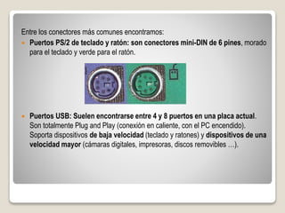 Entre los conectores más comunes encontramos:
 Puertos PS/2 de teclado y ratón: son conectores mini-DIN de 6 pines, morado
para el teclado y verde para el ratón.
 Puertos USB: Suelen encontrarse entre 4 y 8 puertos en una placa actual.
Son totalmente Plug and Play (conexión en caliente, con el PC encendido).
Soporta dispositivos de baja velocidad (teclado y ratones) y dispositivos de una
velocidad mayor (cámaras digitales, impresoras, discos removibles …).
 