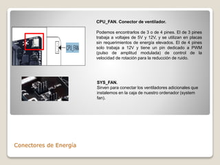 Conectores de Energía
CPU_FAN. Conector de ventilador.
Podemos encontrarlos de 3 o de 4 pines. El de 3 pines
trabaja a voltajes de 5V y 12V, y se utilizan en placas
sin requerimientos de energía elevados. El de 4 pines
solo trabaja a 12V y tiene un pin dedicado a PWM
(pulso de amplitud modulada) de control de la
velocidad de rotación para la reducción de ruido.
SYS_FAN.
Sirven para conectar los ventiladores adicionales que
instalemos en la caja de nuestro ordenador (system
fan).
 