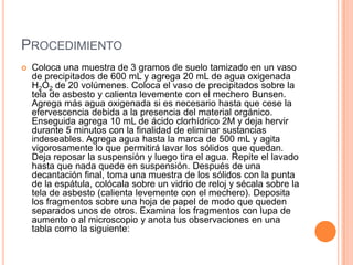 PROCEDIMIENTO
 Coloca una muestra de 3 gramos de suelo tamizado en un vaso
de precipitados de 600 mL y agrega 20 mL de agua oxigenada
H2O2 de 20 volúmenes. Coloca el vaso de precipitados sobre la
tela de asbesto y calienta levemente con el mechero Bunsen.
Agrega más agua oxigenada si es necesario hasta que cese la
efervescencia debida a la presencia del material orgánico.
Enseguida agrega 10 mL de ácido clorhídrico 2M y deja hervir
durante 5 minutos con la finalidad de eliminar sustancias
indeseables. Agrega agua hasta la marca de 500 mL y agita
vigorosamente lo que permitirá lavar los sólidos que quedan.
Deja reposar la suspensión y luego tira el agua. Repite el lavado
hasta que nada quede en suspensión. Después de una
decantación final, toma una muestra de los sólidos con la punta
de la espátula, colócala sobre un vidrio de reloj y sécala sobre la
tela de asbesto (calienta levemente con el mechero). Deposita
los fragmentos sobre una hoja de papel de modo que queden
separados unos de otros. Examina los fragmentos con lupa de
aumento o al microscopio y anota tus observaciones en una
tabla como la siguiente:
 