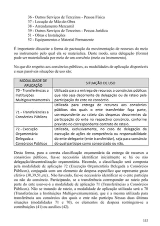 36 - Outros Serviços de Terceiros - Pessoa Física
         37 - Locação de Mão-de-Obra
         38 - Arrendamento Mercantil
         39 - Outros Serviços de Terceiros - Pessoa Jurídica
         51 - Obras e Instalações
         52 - Equipamentos e Material Permanente

É importante dissociar a forma de pactuação da movimentação de recursos do meio
ou instrumento pelo qual ela se materializa. Deste modo, uma delegação (forma)
pode ser materializada por meio de um convênio (meio ou instrumento).

No que diz respeito aos consórcios públicos, as modalidades de aplicação disponíveis
e suas passíveis situações de uso são:

    MODALIDADE DE
                                              SITUAÇÃO DE USO
       APLICAÇÃO
 70 - Transferências a    Utilizada para a entrega de recursos a consórcios públicos
 Instituições             que não seja decorrente de delegação ou de rateio pela
 Multigovernamentais      participação do ente no consórcio.
                          Utilizada para entrega de recursos aos consórcios
                          públicos dos quais o ente transferidor faça parte,
 71 - Transferências a
                          correspondente ao rateio das despesas decorrentes da
 Consórcios Públicos
                          participação do ente no respectivo consórcio, conforme
                          previsto no correspondente contrato de rateio.
 72 - Execução            Utilizada, exclusivamente, no caso de delegação da
 Orçamentária             execução de ações de competência ou responsabilidade
 Delegada a               do ente delegante (ente transferidor), seja para consórcio
 Consórcios Públicos      do qual participe como consorciado ou não.

Desta forma, para a correta classificação orçamentária da entrega de recursos a
consórcios públicos, faz-se necessário identificar inicialmente se há ou não
delegação/descentralização orçamentária. Havendo, a classificação será composta
pela modalidade de aplicação 72 (Execução Orçamentária Delegada a Consórcios
Públicos), conjugada com um elemento de despesa específico que represente gasto
efetivo (30,39,51,etc).. Não havendo, faz-se necessário identificar se o ente participa
ou não do consórcio. Participando, se a transferência corresponder ao rateio pela
parte do ente usar-se-á a modalidade de aplicação 71 (Transferências a Consórcios
Públicos). Não se tratando de rateio, a modalidade de aplicação utilizada será a 70
(Transferências a Instituições Multigovernamentais), que é a mesma utilizada para
transferência aos consórcios dos quais o ente não participa Nessas duas últimas
situações (modalidades 71 e 70), os elementos de despesa restringem-se a
contribuições (41) ou auxílios (42).


                                                                                   112
 