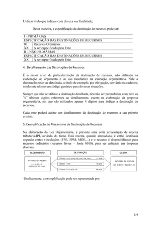 Utilizar título que indique com clareza sua finalidade;

       Desta maneira, a especificação da destinação de recursos pode ser:

I – PRIMÁRIAS
ESPECIFICAÇÃO DAS DESTINAÇÕES DE RECURSOS
00     Recursos Ordinários
XX     A ser especificado pelo Ente
II – NÃO-PRIMÁRIAS
ESPECIFICAÇÃO DAS DESTINAÇÕES DE RECURSOS
XX     A ser especificado pelo Ente

4. Detalhamento das Destinações de Recursos

É o maior nível de particularização da destinação de recursos, não utilizado na
elaboração do orçamento e de uso facultativo na execução orçamentária. Nele a
destinação pode ser detalhada, a título de exemplo, por obrigação, convênio ou cadastro,
sendo este último um código genérico para diversas situações.

Sempre que não se utilizar a destinação detalhada, deverão ser preenchidos com zero os
”n” últimos dígitos referentes ao detalhamento, exceto na elaboração da proposta
orçamentária, em que são utilizados apenas 4 dígitos para indicar a destinação de
recursos.

Cada ente poderá adotar um detalhamento da destinação de recursos a seu próprio
critério.

5. Exemplificação do Mecanismo de Destinação de Recursos

Na elaboração da Lei Orçamentária, é prevista uma certa arrecadação de receita
tributária-IPI, advinda do fumo. Esta receita, quando arrecadada, é então destinada
segundo certas vinculações (FPE, FPM, MDE,...) e o restante é disponibilizado para
recursos ordinários (recursos livres – fonte 0100), para ser aplicado em despesas
diversas.




Graficamente, a exemplificação pode ser representada por:




                                                                                    129
 