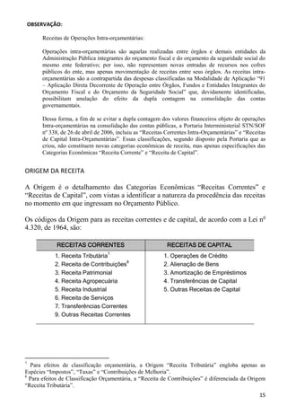 OBSERVAÇÃO:

        Receitas de Operações Intra-orçamentárias:

        Operações intra-orçamentárias são aquelas realizadas entre órgãos e demais entidades da
        Administração Pública integrantes do orçamento fiscal e do orçamento da seguridade social do
        mesmo ente federativo; por isso, não representam novas entradas de recursos nos cofres
        públicos do ente, mas apenas movimentação de receitas entre seus órgãos. As receitas intra-
        orçamentárias são a contrapartida das despesas classificadas na Modalidade de Aplicação “91
        – Aplicação Direta Decorrente de Operação entre Órgãos, Fundos e Entidades Integrantes do
        Orçamento Fiscal e do Orçamento da Seguridade Social” que, devidamente identificadas,
        possibilitam anulação do efeito da dupla contagem na consolidação das contas
        governamentais.

        Dessa forma, a fim de se evitar a dupla contagem dos valores financeiros objeto de operações
        Intra-orçamentárias na consolidação das contas públicas, a Portaria Interministerial STN/SOF
        nº 338, de 26 de abril de 2006, incluiu as “Receitas Correntes Intra-Orçamentárias” e “Receitas
        de Capital Intra-Orçamentárias”. Essas classificações, segundo disposto pela Portaria que as
        criou, não constituem novas categorias econômicas de receita, mas apenas especificações das
        Categorias Econômicas “Receita Corrente” e “Receita de Capital”.


ORIGEM DA RECEITA

A Origem é o detalhamento das Categorias Econômicas “Receitas Correntes” e
“Receitas de Capital”, com vistas a identificar a natureza da procedência das receitas
no momento em que ingressam no Orçamento Público.

Os códigos da Origem para as receitas correntes e de capital, de acordo com a Lei no
4.320, de 1964, são:

              RECEITAS CORRENTES                             RECEITAS DE CAPITAL
                                   7
             1. Receita Tributária                         1. Operações de Crédito
                                         8
             2. Receita de Contribuições                   2. Alienação de Bens
             3. Receita Patrimonial                        3. Amortização de Empréstimos
             4. Receita Agropecuária                       4. Transferências de Capital
             5. Receita Industrial                         5. Outras Receitas de Capital
             6. Receita de Serviços
             7. Transferências Correntes
             9. Outras Receitas Correntes




7
  Para efeitos de classificação orçamentária, a Origem “Receita Tributária” engloba apenas as
Espécies “Impostos”, “Taxas” e “Contribuições de Melhoria”.
8
  Para efeitos de Classificação Orçamentária, a “Receita de Contribuições” é diferenciada da Origem
“Receita Tributária”.
                                                                                                    15
 