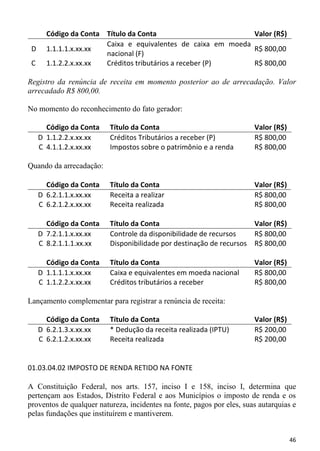 Código da Conta Título da Conta                        Valor (R$)
                       Caixa e equivalentes de caixa em moeda
 D     1.1.1.1.x.xx.xx                                        R$ 800,00
                       nacional (F)
 C     1.1.2.2.x.xx.xx Créditos tributários a receber (P)     R$ 800,00

Registro da renúncia de receita em momento posterior ao de arrecadação. Valor
arrecadado R$ 800,00.

No momento do reconhecimento do fato gerador:

       Código da Conta    Título da Conta                               Valor (R$)
     D 1.1.2.2.x.xx.xx    Créditos Tributários a receber (P)            R$ 800,00
     C 4.1.1.2.x.xx.xx    Impostos sobre o patrimônio e a renda         R$ 800,00

Quando da arrecadação:

       Código da Conta    Título da Conta                               Valor (R$)
     D 6.2.1.1.x.xx.xx    Receita a realizar                            R$ 800,00
     C 6.2.1.2.x.xx.xx    Receita realizada                             R$ 800,00

       Código da Conta    Título da Conta                            Valor (R$)
     D 7.2.1.1.x.xx.xx    Controle da disponibilidade de recursos    R$ 800,00
     C 8.2.1.1.1.xx.xx    Disponibilidade por destinação de recursos R$ 800,00

       Código da Conta    Título da Conta                               Valor (R$)
     D 1.1.1.1.x.xx.xx    Caixa e equivalentes em moeda nacional        R$ 800,00
     C 1.1.2.2.x.xx.xx    Créditos tributários a receber                R$ 800,00

Lançamento complementar para registrar a renúncia de receita:

       Código da Conta    Título da Conta                               Valor (R$)
     D 6.2.1.3.x.xx.xx    * Dedução da receita realizada (IPTU)         R$ 200,00
     C 6.2.1.2.x.xx.xx    Receita realizada                             R$ 200,00


01.03.04.02 IMPOSTO DE RENDA RETIDO NA FONTE

A Constituição Federal, nos arts. 157, inciso I e 158, inciso I, determina que
pertençam aos Estados, Distrito Federal e aos Municípios o imposto de renda e os
proventos de qualquer natureza, incidentes na fonte, pagos por eles, suas autarquias e
pelas fundações que instituírem e mantiverem.


                                                                                     46
 