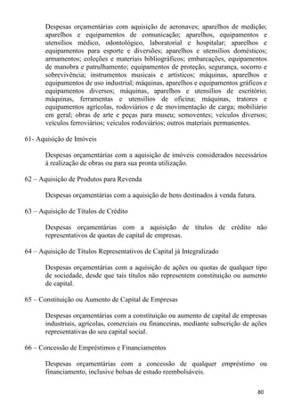 Despesas orçamentárias com aquisição de aeronaves; aparelhos de medição;
       aparelhos e equipamentos de comunicação; aparelhos, equipamentos e
       utensílios médico, odontológico, laboratorial e hospitalar; aparelhos e
       equipamentos para esporte e diversões; aparelhos e utensílios domésticos;
       armamentos; coleções e materiais bibliográficos; embarcações, equipamentos
       de manobra e patrulhamento; equipamentos de proteção, segurança, socorro e
       sobrevivência; instrumentos musicais e artísticos; máquinas, aparelhos e
       equipamentos de uso industrial; máquinas, aparelhos e equipamentos gráficos e
       equipamentos diversos; máquinas, aparelhos e utensílios de escritório;
       máquinas, ferramentas e utensílios de oficina; máquinas, tratores e
       equipamentos agrícolas, rodoviários e de movimentação de carga; mobiliário
       em geral; obras de arte e peças para museu; semoventes; veículos diversos;
       veículos ferroviários; veículos rodoviários; outros materiais permanentes.

61- Aquisição de Imóveis

       Despesas orçamentárias com a aquisição de imóveis considerados necessários
       à realização de obras ou para sua pronta utilização.

62 – Aquisição de Produtos para Revenda

       Despesas orçamentárias com a aquisição de bens destinados à venda futura.

63 – Aquisição de Títulos de Crédito

       Despesas orçamentárias com a aquisição de títulos de crédito não
       representativos de quotas de capital de empresas.

64 – Aquisição de Títulos Representativos de Capital já Integralizado

       Despesas orçamentárias com a aquisição de ações ou quotas de qualquer tipo
       de sociedade, desde que tais títulos não representem constituição ou aumento
       de capital.

65 – Constituição ou Aumento de Capital de Empresas

       Despesas orçamentárias com a constituição ou aumento de capital de empresas
       industriais, agrícolas, comerciais ou financeiras, mediante subscrição de ações
       representativas do seu capital social.

66 – Concessão de Empréstimos e Financiamentos

       Despesas orçamentárias com a concessão de qualquer empréstimo ou
       financiamento, inclusive bolsas de estudo reembolsáveis.

                                                                                   80
 