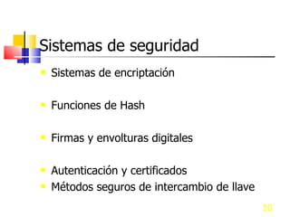 Sistemas de seguridad Sistemas de encriptación Funciones de Hash Firmas y envolturas digitales Autenticación y certificados  Métodos seguros de intercambio de llave 