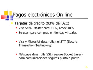 Pagos electrónicos On line Tarjetas de crédito (93% del B2C) Visa 54%, Master card 31%, Amex 10% Se usan para compras en tiendas virtuales Visa y Microsfot desarrollan el STT (Secure Transaction Technology) Netscape desarrolla SSL (Secure Socket Layer) para comunicaciones seguras punto a punto 