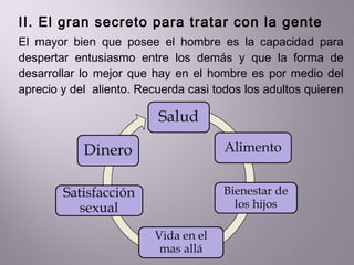II. El gran secreto para tratar con la gente  El mayor bien que posee el hombre es la capacidad para despertar entusiasmo entre los demás y que la forma de desarrollar lo mejor que hay en el hombre es por medio del aprecio y del  aliento. Recuerda casi todos los adultos quieren  