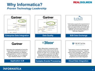 Why Informatica?Proven Technology LeadershipMajor differentiator compared to other vendors is that it does not just wait for events to come to it but it can go out and get them for itself. Thus it provides agents that can gather events from front-office databases and applications as well as receiving them directly from relevant feedsComplex Events Processing“Informatica supports the requirements of cross-organizational data exchange, so users can apply familiar and trusted data integration tools and techniques to the relatively new and growing practice of B2B data integration.”Informatica was assessed as having the largest share, more than 33 percent, in packaged applications for database archiving based on number of customers for 2007 by Gartner, Inc. in a research report released October 13, 2008 “Informatica’s mission to integrate data from business to business… meets a need of many companies…Others in this market (including IBM, Microsoft and Oracle) have not yet pursued this progressive use of data integration”B2B Data ExchangeApplication ILMCloud Data IntegrationData QualityEnterprise Data Integration