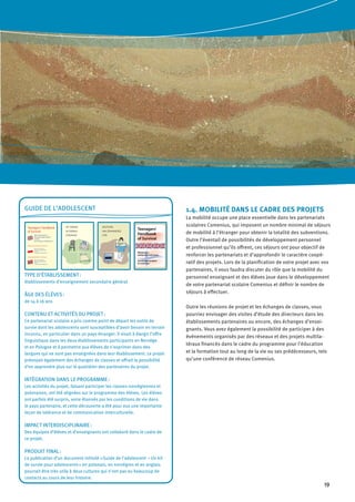 19
Guide de l’adolescent
TYPE D’ÉTABLISSEMENT :
établissements d’enseignement secondaire général
ÂGE DES ÉLÈVES :
de 14 à 16 ans
CONTENU ET ACTIVITÉS DU PROJET :
Ce partenariat scolaire a pris comme point de départ les outils de
survie dont les adolescents sont susceptibles d’avoir besoin en terrain
inconnu, en particulier dans un pays étranger. Il visait à élargir l’offre
linguistique dans les deux établissements participants en Norvège
et en Pologne et à permettre aux élèves de s’exprimer dans des
langues qui ne sont pas enseignées dans leur établissement. Le projet
prévoyait également des échanges de classes et offrait la possibilité
d’en apprendre plus sur le quotidien des partenaires du projet.
INTÉGRATION DANS LE PROGRAMME :
Les activités du projet, faisant participer les classes norvégiennes et
polonaises, ont été alignées sur le programme des élèves. Les élèves
ont parfois été surpris, voire étonnés par les conditions de vie dans
le pays partenaire, et cette découverte a été pour eux une importante
leçon de tolérance et de communication interculturelle.
IMPACT INTERDISCIPLINAIRE :
Des équipes d’élèves et d’enseignants ont collaboré dans le cadre de
ce projet.
PRODUIT FINAL :
La publication d’un document intitulé « Guide de l'adolescent – Un kit
de survie pour adolescents » en polonais, en norvégien et en anglais
pourrait être très utile à deux cultures qui n’ont pas eu beaucoup de
contacts au cours de leur histoire.
1.4. MOBILITÉ DANS LE CADRE DES PROJETS
La mobilité occupe une place essentielle dans les partenariats
scolaires Comenius, qui imposent un nombre minimal de séjours
de mobilité à l’étranger pour obtenir la totalité des subventions.
Outre l’éventail de possibilités de développement personnel
et professionnel qu’ils offrent, ces séjours ont pour objectif de
renforcer les partenariats et d’approfondir le caractère coopé-
ratif des projets. Lors de la planification de votre projet avec vos
partenaires, il vous faudra discuter du rôle que la mobilité du
personnel enseignant et des élèves joue dans le développement
de votre partenariat scolaire Comenius et définir le nombre de
séjours à effectuer.
Outre les réunions de projet et les échanges de classes, vous
pourriez envisager des visites d’étude des directeurs dans les
établissements partenaires ou encore, des échanges d’ensei-
gnants. Vous avez également la possibilité de participer à des
événements organisés par des réseaux et des projets multila-
téraux financés dans le cadre du programme pour l’éducation
et la formation tout au long de la vie ou ses prédécesseurs, tels
qu’une conférence de réseau Comenius.
OUTSIDE
NA ZEWNĄTRZ
UTE
ordbok.indd 25 2006-04-06 10:02:40
Overlevelseshåndbok
for tenåringer
Młodzieżowy
podręcznik przetrwania
Teenagers'
Handbook
of Survival
ordbok.indd 49 2006-04-06 10:02:47
AT HOME
W DOMU
HJEMME
ordbok.indd 11 2006-04-06 10:02:37
Teenagers’ Handbook
of Survival
Written By Pupils Of
Menstad Ungdomsskole
In Skien
& Gimnazjum In Mikoszewo
Młodzieżowy podręcznik przetrwania
Autorstwa Uczniów z
Menstad Ungdomsskole
w Skien
i Gimnazjum w Mikoszewie
Overlevelseshåndbok for tenåringer
Skrevet av Elever på
Menstad Ungdomsskole
i Skien
og Gimnazjum i Mikoszewo
ordbok.indd 1 2006-04-06 10:02:33
 