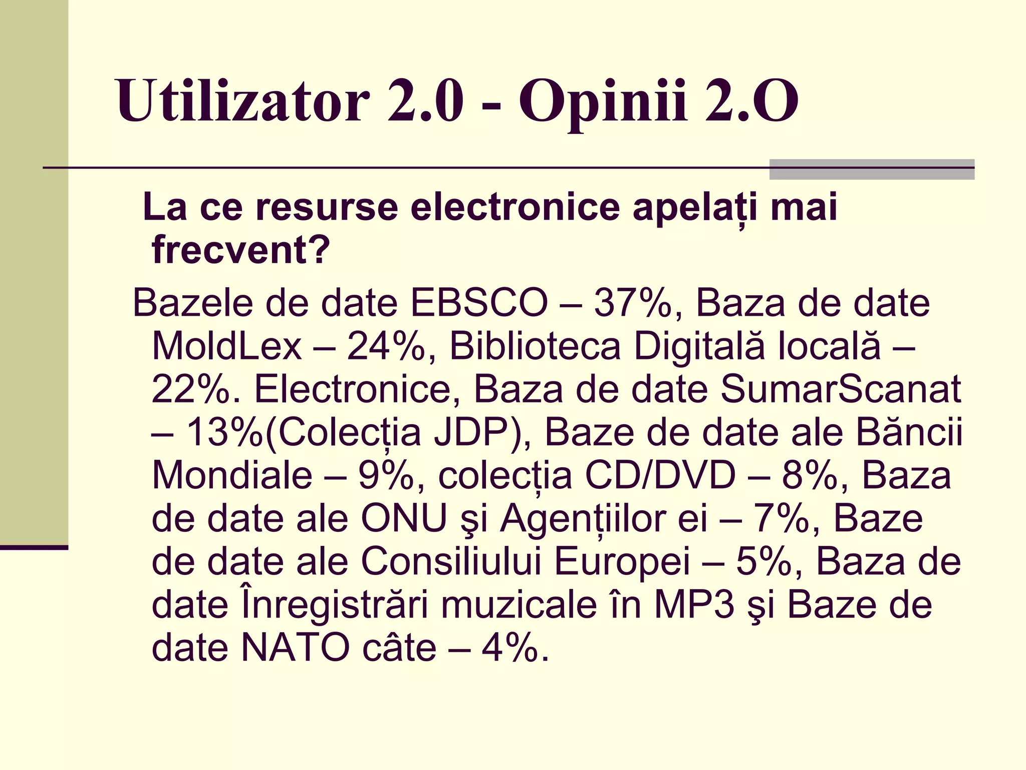 Utilizator 2.0 - Opinii 2.O La ce resurse electronice apelaţi mai frecvent?   Bazele de date EBSCO – 37%, Baza de date M old L ex  – 24%, Biblioteca Digitală locală – 22%. Electronice ,  Baza de date SumarScanat – 13%(Colecţia JDP), Baze de date ale Băncii Mondiale – 9%, colecţia CD/DVD – 8%, Baza de date ale ONU şi Agenţiilor ei – 7%, Baze de date ale Consiliului Europei – 5%, Baza de date Înregistrări muzicale în MP3 şi Baze de date NATO câte – 4%.   