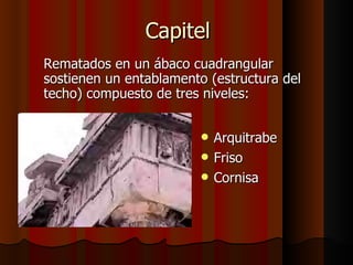 Capitel Arquitrabe  Friso Cornisa Rematados en un ábaco cuadrangular sostienen un entablamento (estructura del techo) compuesto de tres niveles: 