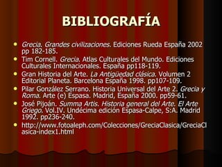 BIBLIOGRAFÍA Grecia .  Grandes civilizaciones.  Ediciones Rueda España 2002 pp 182-185. Tim Cornell.  Grecia .  Atlas Culturales del Mundo. Ediciones Culturales Internacionales. España pp118-119. Gran Historia del Arte.  La Antigüedad clásica . Volumen 2 Editorial Planeta. Barcelona España 1998. pp107-109. Pilar González Serrano. Historia Universal del Arte 2.  Grecia y Roma . Arte (e) Espasa. Madrid, España 2000. pp59-61. José Pijoán.  Summa Artis. Historia general del Arte. El Arte Griego . Vol.IV. Undécima edición Espasa-Calpe, S:A. Madrid 1992. pp236-240. http://www.fotoaleph.com/Colecciones/GreciaClasica/GreciaClasica-index1.html 