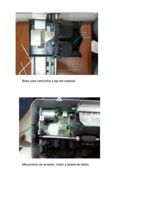Base para cartuchos y eje del cabezal.




Mecanismo de arrastre, motor y tarjeta de datos.
 