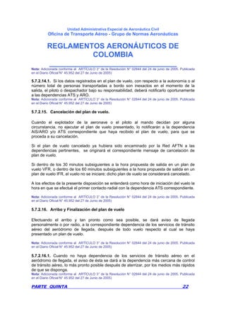 Unidad Administrativa Especial de Aeronáutica Civil
Oficina de Transporte Aéreo - Grupo de Normas Aeronáuticas
REGLAMENTOS AERONÁUTICOS DE
COLOMBIA
_______________________________
PARTE QUINTA 22
Nota: Adicionada conforme al ARTÍCULO 3° de la Resolución N° 02844 del 24 de junio de 2005. Publicada
en el Diario Oficial N° 45.952 del 27 de Junio de 2005)
5.7.2.14.1. Si los datos registrados en el plan de vuelo, con respecto a la autonomía o al
número total de personas transportadas a bordo son inexactos en el momento de la
salida, el piloto o despachador bajo su responsabilidad, deberá notificarlo oportunamente
a las dependencias ATS y ARO.
Nota: Adicionada conforme al ARTÍCULO 3° de la Resolución N° 02844 del 24 de junio de 2005. Publicada
en el Diario Oficial N° 45.952 del 27 de Junio de 2005)
5.7.2.15. Cancelación del plan de vuelo.
Cuando el explotador de la aeronave o el piloto al mando decidan por alguna
circunstancia, no ejecutar el plan de vuelo presentado, lo notificarán a la dependencia
AIS/ARO y/o ATS correspondiente que haya recibido el plan de vuelo, para que se
proceda a su cancelación.
Si el plan de vuelo cancelado ya hubiera sido encaminado por la Red AFTN a las
dependencias pertinentes, se originará el correspondiente mensaje de cancelación de
plan de vuelo.
Si dentro de los 30 minutos subsiguientes a la hora propuesta de salida en un plan de
vuelo VFR, o dentro de los 60 minutos subsiguientes a la hora propuesta de salida en un
plan de vuelo IFR, el vuelo no se iniciare; dicho plan de vuelo se considerará cancelado.
A los efectos de la presente disposición se entenderá como hora de iniciación del vuelo la
hora en que se efectué el primer contacto radial con la dependencia ATS correspondiente.
Nota: Adicionada conforme al ARTÍCULO 3° de la Resolución N° 02844 del 24 de junio de 2005. Publicada
en el Diario Oficial N° 45.952 del 27 de Junio de 2005)
5.7.2.16. Arribo y Finalización del plan de vuelo
Efectuando el arribo y tan pronto como sea posible, se dará aviso de llegada
personalmente o por radio, a la correspondiente dependencia de los servicios de tránsito
aéreo del aeródromo de llegada, después de todo vuelo respecto al cual se haya
presentado un plan de vuelo.
Nota: Adicionada conforme al ARTÍCULO 3° de la Resolución N° 02844 del 24 de junio de 2005. Publicada
en el Diario Oficial N° 45.952 del 27 de Junio de 2005)
5.7.2.16.1. Cuando no haya dependencia de los servicios de tránsito aéreo en el
aeródromo de llegada, el aviso de ésta se dará a la dependencia más cercana de control
de tránsito aéreo, lo más pronto posible después de aterrizar, por los medios más rápidos
de que se disponga.
Nota: Adicionada conforme al ARTÍCULO 3° de la Resolución N° 02844 del 24 de junio de 2005. Publicada
en el Diario Oficial N° 45.952 del 27 de Junio de 2005)
 