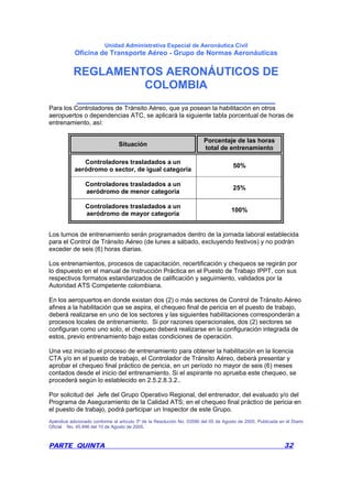 Unidad Administrativa Especial de Aeronáutica Civil
Oficina de Transporte Aéreo - Grupo de Normas Aeronáuticas
REGLAMENTOS AERONÁUTICOS DE
COLOMBIA
_______________________________
PARTE QUINTA 32
Para los Controladores de Tránsito Aéreo, que ya posean la habilitación en otros
aeropuertos o dependencias ATC, se aplicará la siguiente tabla porcentual de horas de
entrenamiento, así:
Situación
Porcentaje de las horas
total de entrenamiento
Controladores trasladados a un
aeródromo o sector, de igual categoría
50%
Controladores trasladados a un
aeródromo de menor categoría
25%
Controladores trasladados a un
aeródromo de mayor categoría
100%
Los turnos de entrenamiento serán programados dentro de la jornada laboral establecida
para el Control de Tránsito Aéreo (de lunes a sábado, excluyendo festivos) y no podrán
exceder de seis (6) horas diarias.
Los entrenamientos, procesos de capacitación, recertificación y chequeos se regirán por
lo dispuesto en el manual de Instrucción Práctica en el Puesto de Trabajo IPPT, con sus
respectivos formatos estandarizados de calificación y seguimiento, validados por la
Autoridad ATS Competente colombiana.
En los aeropuertos en donde existan dos (2) o más sectores de Control de Tránsito Aéreo
afines a la habilitación que se aspira, el chequeo final de pericia en el puesto de trabajo,
deberá realizarse en uno de los sectores y las siguientes habilitaciones corresponderán a
procesos locales de entrenamiento. Si por razones operacionales, dos (2) sectores se
configuran como uno solo, el chequeo deberá realizarse en la configuración integrada de
estos, previo entrenamiento bajo estas condiciones de operación.
Una vez iniciado el proceso de entrenamiento para obtener la habilitación en la licencia
CTA y/o en el puesto de trabajo, el Controlador de Tránsito Aéreo, deberá presentar y
aprobar el chequeo final práctico de pericia, en un período no mayor de seis (6) meses
contados desde el inicio del entrenamiento. Si el aspirante no aprueba este chequeo, se
procederá según lo establecido en 2.5.2.8.3.2..
Por solicitud del Jefe del Grupo Operativo Regional, del entrenador, del evaluado y/o del
Programa de Aseguramiento de la Calidad ATS; en el chequeo final práctico de pericia en
el puesto de trabajo, podrá participar un Inspector de este Grupo.
Apéndice adicionado conforme al artículo 3º de la Resolución No. 03590 del 05 de Agosto de 2005, Publicada en el Diario
Oficial No. 45.996 del 10 de Agosto de 2005.
 