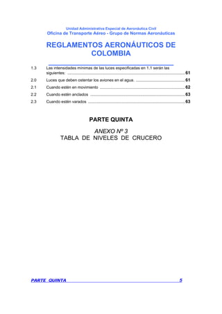 Unidad Administrativa Especial de Aeronáutica Civil
Oficina de Transporte Aéreo - Grupo de Normas Aeronáuticas
REGLAMENTOS AERONÁUTICOS DE
COLOMBIA
_______________________________
PARTE QUINTA 5
1.3 Las intensidades mínimas de las luces especificadas en 1.1 serán las
siguientes: ............................................................................................................61
2.0 Luces que deben ostentar los aviones en el agua. .............................................61
2.1 Cuando estén en movimiento ..............................................................................62
2.2 Cuando estén anclados .......................................................................................63
2.3 Cuando estén varados .........................................................................................63
PARTE QUINTA
ANEXO Nº 3
TABLA DE NIVELES DE CRUCERO
 
