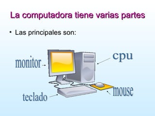 La computadora tiene varias partes Las principales son: mouse cpu monitor teclado