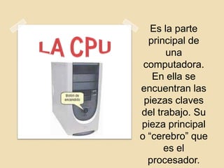 Es la parte
principal de
una
computadora.
En ella se
encuentran las
piezas claves
del trabajo. Su
pieza principal
o “cerebro” que
es el
procesador.

 