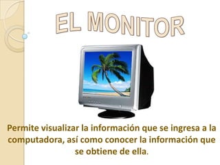 Permite visualizar la información que se ingresa a la
computadora, así como conocer la información que
se obtiene de ella.