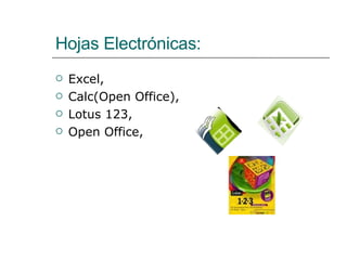 Hojas Electrónicas: Excel, Calc(Open Office), Lotus 123, Open Office, 