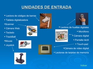 UNIDADES DE ENTRADA Lectora de códigos de barras Tableta digitalizadora Scanner Cámara Web Teclado TrackBall Mouse Joystick Lectora de huellas digitales Micrófono Cámara digital Pantalla táctil Touch-pad  Cámara de video digital Lectoras de tarjetas de memoria Volver 