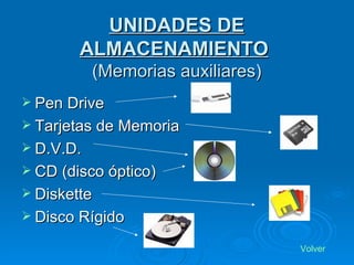 UNIDADES DE ALMACENAMIENTO   (Memorias auxiliares) Pen Drive Tarjetas de Memoria D.V.D. CD (disco óptico) Diskette Disco Rígido Volver 