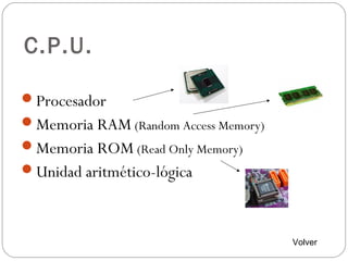 C.P.U.
Procesador
Memoria RAM (Random Access Memory)
Memoria ROM (Read Only Memory)
Unidad aritmético-lógica
Volver
 