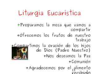 13
Liturgia Eucarística
+Preparamos la mesa que vamos a
compartir
+Ofrecemos los frutos de nuestro
trabajo
+Compartimos la oración de los hijos
de Dios (Padre Nuestro)
+Nos deseamos la Paz
+Comunión
+Agradecemos por el alimento
 