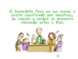 15
El Sacerdote lleva en sus manos a
Cristo sacrificado por nosotros.
Su cuerpo y sangre se presenta
elevando estos a Dios
 