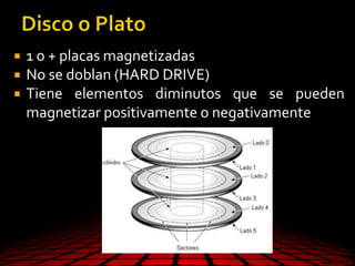  1 o + placas magnetizadas
 No se doblan (HARD DRIVE)
 Tiene elementos diminutos que se pueden
magnetizar positivamente o negativamente
 