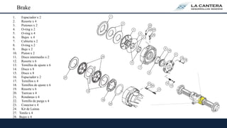 Brake
1. Espaciador x 2
2. Resorte x 4
3. Pistones x 2
4. O-ring x 2
5. O-ring x 4
6. Bujes x 4
7. Cubierta x 2
8. O-ring x 2
9. Buje x 2
10. Piston x 2
11. Disco intermedio x 2
12. Resorte x 6
13. Tornillos de ajuste x 6
14. Disco x 8
15. Disco x 8
16. Espaciador x 2
17. Tornillos x 4
18. Tornillos de ajuste x 6
19. Resorte x 6
20. Tuercas x 4
21. Rondanas x 4
22. Tornillo de purga x 4
23. Conector x 4
24. Kit de Lainas
27. Tonilo x 4
28. Bujes x 4
 