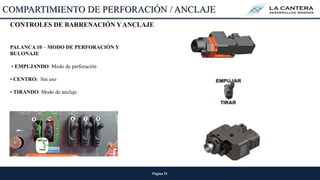 Página 51
PALANCA 10 – MODO DE PERFORACIÓN Y
BULONAJE
• EMPUJANDO: Modo de perforación
• CENTRO: Sin uso
• TIRANDO: Modo de anclaje
CONTROLES DE BARRENACIÓN Y ANCLAJE
COMPARTIMIENTO DE PERFORACIÓN / ANCLAJE
 