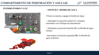 Página 59
• SWITCH C: BOMBA DE AGUA
• Poner en marcha y apagar la bomba de Agua
- Interruptor en posición central ( I ): arranque
automático con el bloque de alimentación
- Interruptor en posición derecha (S): La Bomba de agua
arranca.
- Interruptor en posición izquierda (O): La Bomba de
agua se detiene.
INTERRUPTORES Y LUZ
COMPARTIMIENTO DE PERFORACIÓN Y ANCLAJE
 