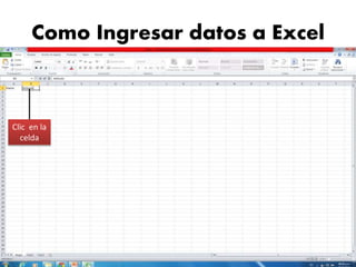 Como Ingresar datos a Excel
Clic en la
celda