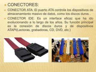  CONECTORES: 
 CONECTOR ATA: El puerto ATA controla los dispositivos de 
almacenamiento masivo de datos, como los discos duros . 
 CONECTOR IDE: Es un interface eficaz que ha ido 
evolucionando a lo largo de los años. Su función principal 
es la conexión de discos duros y de dispositivos 
ATAPI(Lectoras, grabadoras, CD, DVD, etc.) 
 