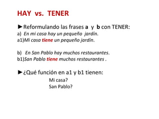 HAY vs. TENER
►Reformulando las frases a y b con TENER:
a) En mi casa hay un pequeño jardín.
a1)Mi casa tiene un pequeño jardín.

b) En San Pablo hay muchos restaurantes.
b1)San Pablo tiene muchos restaurantes .

►¿Qué función en a1 y b1 tienen:
              Mi casa?
              San Pablo?
 
