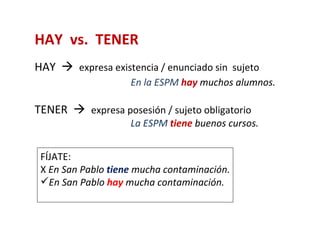 HAY vs. TENER
HAY  expresa existencia / enunciado sin sujeto
                    En la ESPM hay muchos alumnos.

TENER  expresa posesión / sujeto obligatorio
                    La ESPM tiene buenos cursos.


 FÍJATE:
 X En San Pablo tiene mucha contaminación.
 En San Pablo hay mucha contaminación.
 