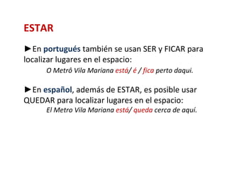 ESTAR
►En portugués también se usan SER y FICAR para
localizar lugares en el espacio:
     O Metrô Vila Mariana está/ é / fica perto daqui.

►En español, además de ESTAR, es posible usar
QUEDAR para localizar lugares en el espacio:
     El Metro Vila Mariana está/ queda cerca de aquí.
 