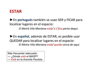 ESTAR
 ►En portugués también se usan SER y FICAR para
 localizar lugares en el espacio:
         O Metrô Vila Mariana está/ é / fica perto daqui.

 ►En español, además de ESTAR, es posible usar
 QUEDAR para localizar lugares en el espacio:
         El Metro Vila Mariana está/ queda cerca de aquí.

Más frecuente/ adecuado:
— ¿Dónde está el MASP?
— Está en la Avenida Paulista.
 