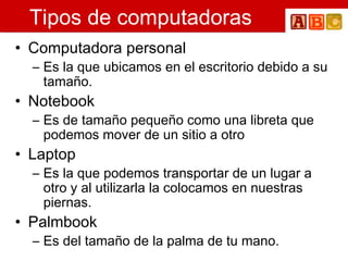 Tipos de computadoras Computadora personal Es la que ubicamos en el escritorio debido a su tamaño. Notebook Es de tamaño pequeño como una libreta que podemos mover de un sitio a otro Laptop Es la que podemos transportar de un lugar a otro y al utilizarla la colocamos en nuestras piernas. Palmbook Es del tamaño de la palma de tu mano.