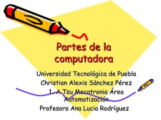 Partes de la computadora Universidad Tecnológica de Puebla Christian Alexis Sánchez Pérez 1.-A Tsu Mecatronia Área Automatización Profesora Ana Lucia Rodríguez  