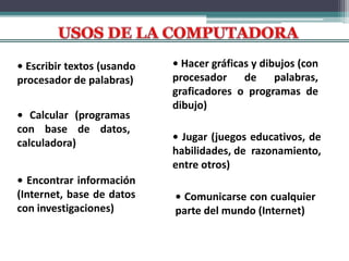 • Comunicarse con cualquier
parte del mundo (Internet)
• Escribir textos (usando
procesador de palabras)
• Hacer gráficas y dibujos (con
procesador de palabras,
graficadores o programas de
dibujo)
• Calcular (programas
con base de datos,
calculadora)
• Jugar (juegos educativos, de
habilidades, de razonamiento,
entre otros)
• Encontrar información
(Internet, base de datos
con investigaciones)
 