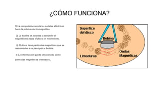 ¿CÓMO FUNCIONA?
1) La computadora envía las señales eléctricas
hacia la bobina electromagnética.
2) La bobina se polariza y transmite el
magnetismo hacia el disco en movimiento.
3) El disco tiene partículas magnéticas que se
reacomodan a su paso por la bobina.
4) La información queda almacenada como
partículas magnéticas ordenadas.
 
