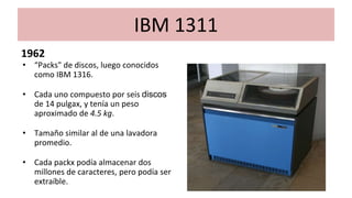 IBM 1311
1962
• “Packs" de discos, luego conocidos
como IBM 1316.
• Cada uno compuesto por seis discos
de 14 pulgax, y tenía un peso
aproximado de 4.5 kg.
• Tamaño similar al de una lavadora
promedio.
• Cada packx podía almacenar dos
millones de caracteres, pero podía ser
extraíble.
 